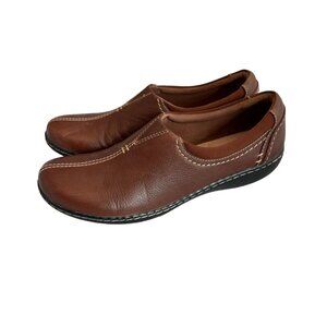 Clarks Collection Brown Leather Slip-On Shoes Comfort Classic Size 9 Women's